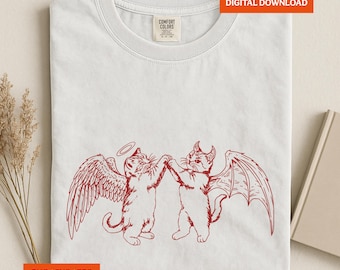 Vintage PNG EPS SVG Angelo Demone Gatto, Classico design di gattino rustico vecchia scuola, Gatti carini e divertenti disegnati a mano, Arte di animali domestici anni '90, Download digitale