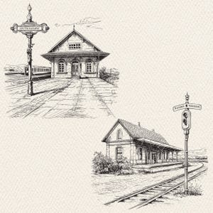 May include: A black and white illustration of two train stations. The first station has a sign that reads "South Railway" and the second station has a sign that reads "Railway & Western".