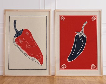 Chilipeper kunst aan de muur, set van 2 keukenafdrukken, linosnede eten illustratie, pittig Mexicaans decor, retro eetkamer poster, digitale download