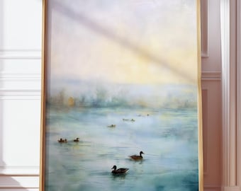 Poster vintage con dipinto a olio raffigurante una scena di un lago con anatre, stampa di un paesaggio naturale delicato, poster con anatre in acque calme, arte naturalistica impressionista