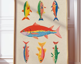 Stampa vintage di pesci in stile pop art colorata / Poster sulla vita marina / Illustrazione di pesci costieri / Arte trendy con vibrazioni oceaniche e da spiaggia / Poster minimalista con tabella dei pesci