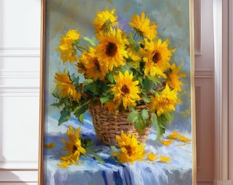 Stampa di un dipinto a olio di girasole vintage, poster retrò di Slow Living, arte impressionista di cesti floreali estivi, arte rustica di nature morte botaniche