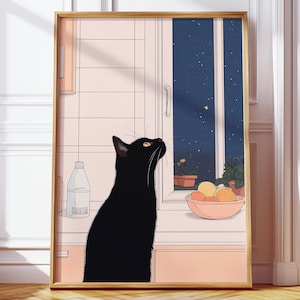 Retro Anime Black Cat Cozy Kitchen Poster – Vintage Style Digital Artwork Printable with Cute Feline in Manga Aesthetic Wall Art