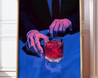 Vintage Bar Cart Art, Whiskey Glass Print, Dark Aesthetic Bar Scene in Bold Neon Colors, Cocktail Oil Painting Art, Trendy Alcohol Poster