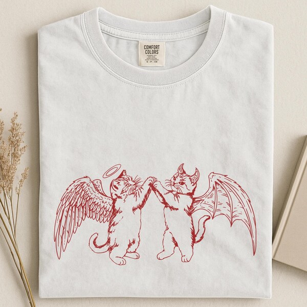 Maglietta vintage con angelo e demone disegnato a mano, maglietta rustica con gattino della vecchia scuola, maglietta con gatti carini e divertenti, morbido cotone unisex, maglietta per animali domestici anni '90