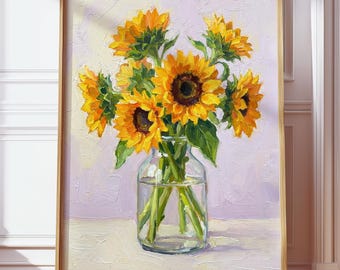 Zonnebloemvaas kunst aan de muur, impressionistische bloemenschilderij, vintage stilleven, levendige zomerbloemen, landelijke chique poster, Bright Living Decor
