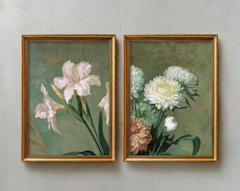 Set di 2 quadri vintage con fiori, illustrazioni botaniche vittoriane, stile pittura ad olio floreale del XIX secolo, regalo per la festa della mamma.