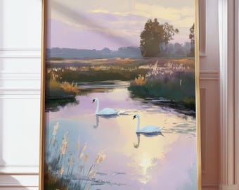 Poster di paesaggio rustico e sognante del lago dei cigni / Arte stampabile della natura pastorale rurale / Pittura di paesaggio di zone umide in stile pittura a olio terrosa