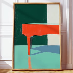 May include: Abstract painting of a red table with a single leg visible, set against a green and white background. The table casts a shadow on the turquoise floor.