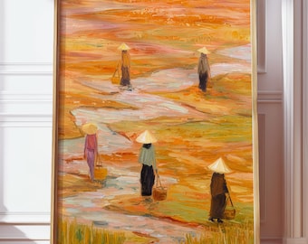 Poster con paesaggio rurale asiatico tradizionale, stampa etnica da fattoria, figure femminili, arte murale nei toni caldi della terra e dell'arancione, download immediato