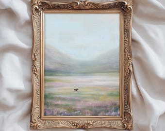 Vintage neutrale paardensport print, dromerige ruiter landschap, etherische landschap schilderij, pastel weide poster, mistige natuur kunst