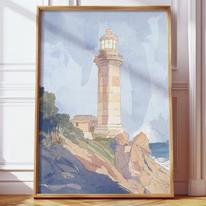 Póster digital con pintura de faro costero bohemio estético, ilustración minimalista en acuarela con tonos azules, decoración de pared perfecta, serena y tranquila