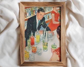 Vintage cocktailbar print, retro barman poster, moderne keukenkunst, feest illustratie jaren 1950, klassieke man grotkunst, happy hour schilderij