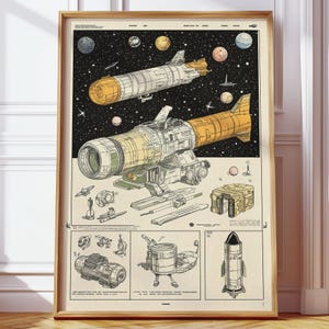 Affiche rétro vintage de carte spatiale - navette spatiale détaillée, illustration planétaire - oeuvre d'art scientifique pour les passionnés d'espace, les amateurs de science-fiction