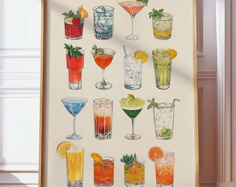 Vintage cocktailkaart print, barwagen kunst aan de muur, poster mixologie drankje, kleurrijk keukendecor, alcohol illustratie, kenmerkende drankjes kunst
