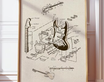 Poster digitale con diagramma anatomico di chitarra elettrica vintage, disegno tecnico musicale retrò, progetto di strumento minimalista