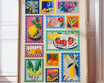 Poster digitale con tabella di frutta vintage / Arte murale per bambini che imparano a cucinare la frutta / Cartoline artistiche salutari / Frutta tropicale stampabile / Arte culinaria