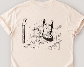 Vintage Gitarre Anatomisch T-Shirt, Detaillierte E-Gitarre T-Shirt, Unisex Baumwolle T-Shirt, Rocker Streetwear Top, Instrument T-Shirt, Geschenk zum Vatertag