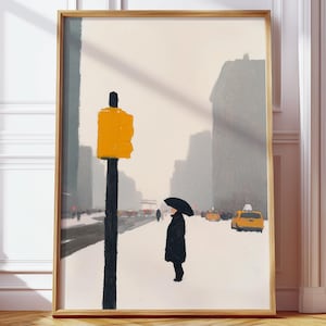 Póster vintage de escena callejera de invierno en Nueva York: arte retro de paisaje urbano nevado para salas de estar acogedoras, decoración de serenidad urbana y estética de pared de temporada