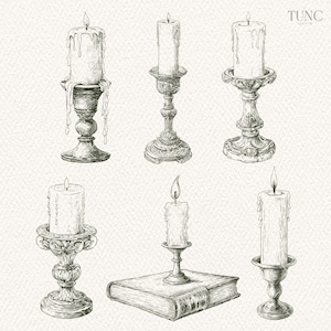May include: A set of six hand-drawn illustrations of candlesticks with candles. The candlesticks are ornate and have a vintage style. The candles are all lit and have dripping wax.