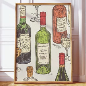 Ręcznie rysowana butelka wina plakat cyfrowy sztuka, ilustracja różnych win vintage, retro nowoczesne wino do pobrania sztuka do kuchni i baru