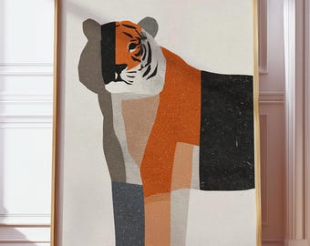 Halverwege de eeuw moderne tijger kunst aan de muur, Bauhaus-stijl geometrische dierenposter, retro wilde kat decor, verfijnde illustratie kinderkamerdieren