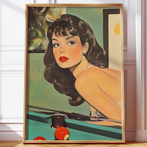 Plakat Retro Woman Billiards - Piękna dekoracja ścienna w stylu pin-up z połowy XX wieku do pokojów gier i miłośników sztuki cyfrowej w starym stylu