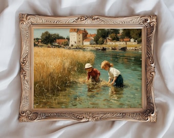 Vintage kinderen spelen olieverfschilderij, poster rustieke zomerlandschap, afdrukbaar kunstwerk Europees dorp landschap, antieke kinderkamerkunst