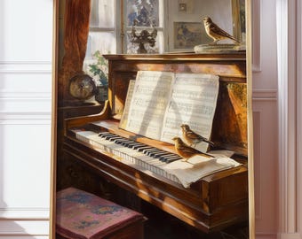 Vintage Piano Oil Painting Poster, Moody Dark Academia Wall Art, Antique Cottagecore Sheet Music and Birds Print, Classical Musician Gift