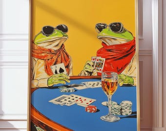 Poster vintage di rane dei fumetti che giocano a poker, fantastica arte murale di rane, poster di animali divertenti e umoristici, poster di fumetti retrò, download istantaneo di arte