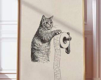 Carta igienica con gatto giocoso stampabile / Arte murale vintage per il bagno / Decorazione con meme di gatto retrò / Arte divertente per il bagno con animali / Poster divertente con gatto