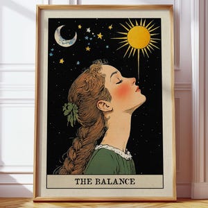 Poster della carta dei tarocchi dell'equilibrio, illustrazione retrò dell'equilibrio del sole e della luna, arte mistica della carta dei tarocchi, decorazioni boho stampabili e spazi spirituali