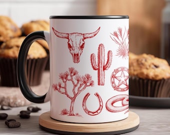 Vintage westernmok, retro cowboykoffiekop, rode toile de jouy-westerse, rustieke boerderijdecor, boerderij keukendecor, lijntekeningen Old West