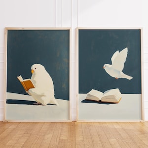 Set of 2 Minimalist Bird Art | White Bird Reading Flying with Books | Modern Printable Book Poster | Bookish Artwork | Freedom Bird Art