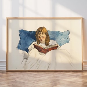 Póster vintage de una chica leyendo un libro, arte de pared acogedor para la hora de dormir, arte imprimible minimalista bohemio para leer, póster intelectual, lámina imprimible para mujer lectora.