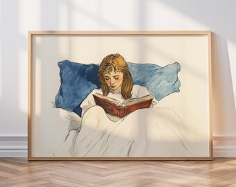 Vintage boek lezen meisje poster, gezellige muurkunst voor het slapengaan, Boho minimalistische lezing afdrukbare kunst, intellectuele poster, leesgrage vrouw afdrukbare