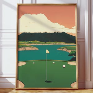 Póster de descarga digital con paisaje de campo de golf con estilo de dibujos animados y anime sereno