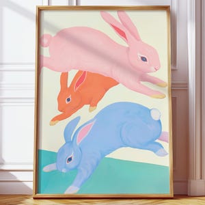 Colorful Jumping Bunnies Digital Poster Art Print – Cute Rabbit Wall Art for Kids Room, Playful Bunny Illustration Downloadable Gift