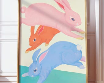 Whimsical Vintage Bunny Wall Art, Storybook Rabbit Print, Cottagecore Nursery Decor, Children's Art, Pink & Blue Print, Digital Download