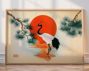 Poster digitale vintage in stile giapponese raffigurante una gru, opera d'arte minimalista giapponese boho, arte della luce solare rossa, stampa d'arte tradizionale giapponese zen