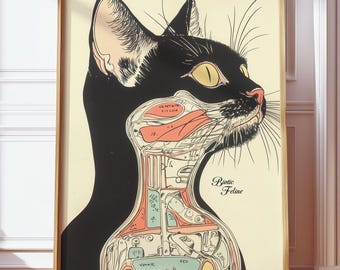 Vintage Cat Anatomy Poster - Biotic Feline Printable Art for Vintage Style Animal Lovers, Downloadable Cat Digital Artwork of Feline Biology