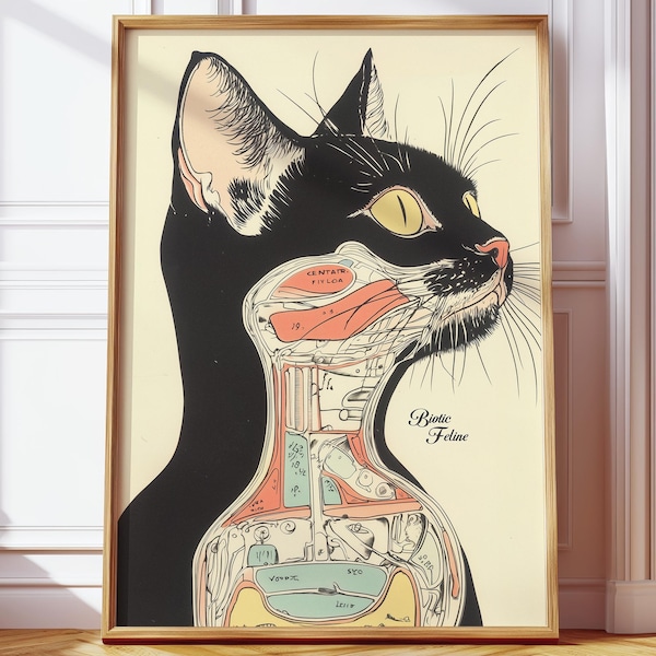 Vintage Cat Anatomy Poster - Biotic Feline Printable Art for Vintage Style Animal Lovers, Downloadable Cat Digital Artwork of Feline Biology