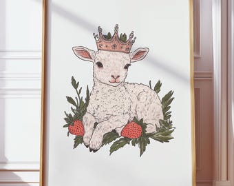 Lámina digital de cordero con estilo cottagecore vintage, adorable ovejita con corona y fresas, póster imprimible de estilo rústico y encantador para guardería.