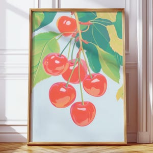 Vintage Cherry Tree Digital Print, Red Fruit Nature Poster, Botanical Wall Art, Trendy Kitchen Decor, Farmhouse Printable Cherries Artwork