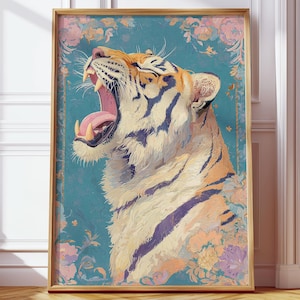 Majestic Roaring Tiger Printable Digital Poster - Art Nouveau-Inspired Floral Design, Retro Vintage Animal Wall Art for Bold Nature Lovers