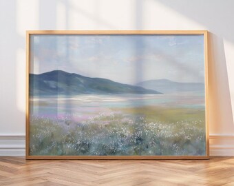 Vintage landschap met wilde bloemen, minimalistisch olieverfschilderij bergmeer, pastel lenteweide print, impressionistische natuurkunst, serene poster