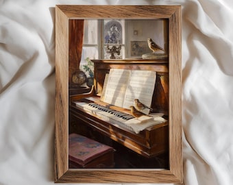 Poster vintage con pittura a olio per pianoforte, arte murale Moody Dark Academia, spartiti antichi di musica cottagecore e stampa di uccelli, regalo per musicista classico