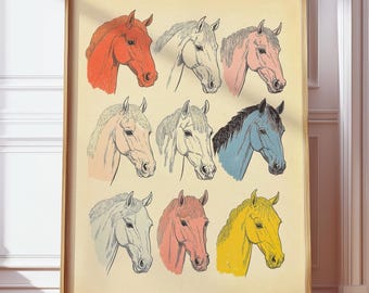 Vintage paard Art Print, kleurrijke paardenposter, retro westelijke muurdecor, eclectische rustieke boerderij galerijmuur, pop-art dierenschets