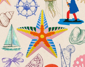 Pacchetto di oltre 224 immagini PNG vintage a tema marino e costiero / File digitali di vita marina disegnati a mano / Clipart retrò da spiaggia estiva / Adesivo di tendenza con pesci costieri