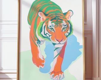 Póster digital con impresión artística de tigre pastel • Decoración de pared con ilustración moderna de animales salvajes • Diseño imprimible de ilustraciones de vida silvestre contemporáneas y coloridas